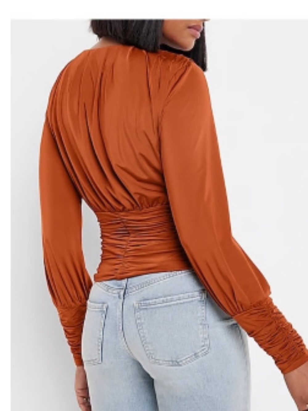 Express Rust Silky V-Neck Ruched Top - Picture 3 of 7
